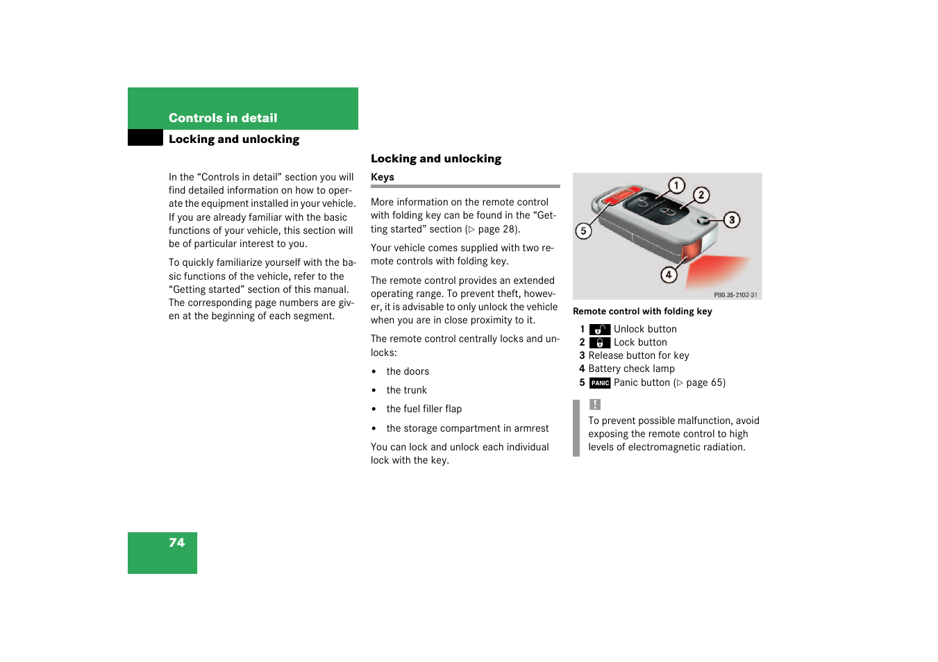 Keys, Locking and unlocking | Mercedes-Benz 2003 SLK-Class User Manual | Page 74 / 304