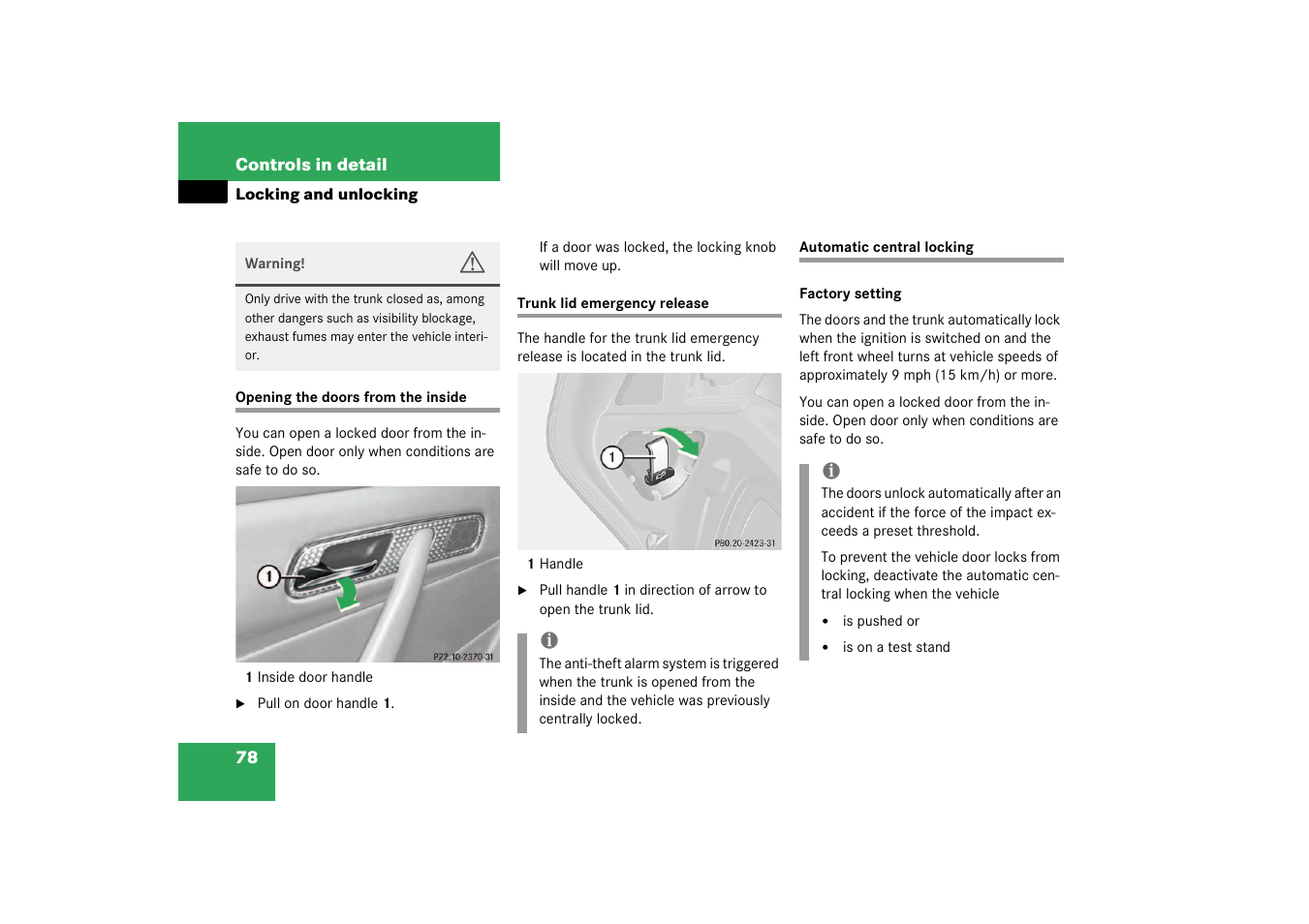 Trunk lid emergency release, Automatic locking when driving, Automatic central locking | Drinking and driving | Mercedes-Benz 2003 SLK-Class User Manual | Page 78 / 304