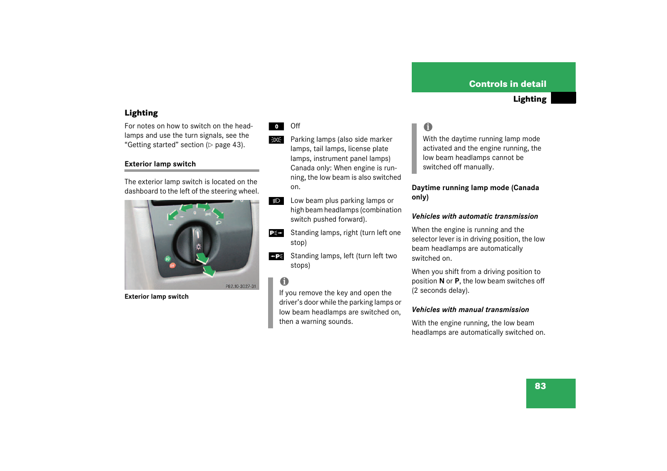 Lighting, Exterior lamp switch | Mercedes-Benz 2003 SLK-Class User Manual | Page 83 / 304
