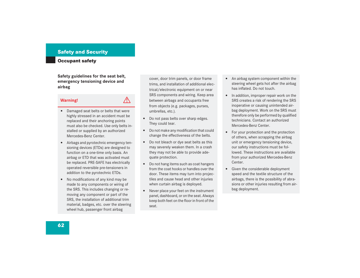 62 safety and security | Mercedes-Benz S 4300 User Manual | Page 63 / 435