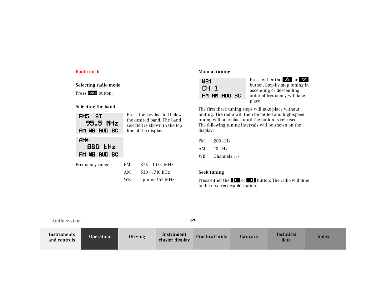 Radio mode, Selecting radio mode, Selecting the band | Manual tuning, Seek tuning | Mercedes-Benz 2001 SLK-Class User Manual | Page 100 / 273