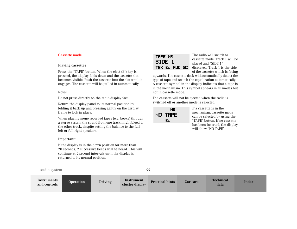 Cassette mode, Playing cassettes | Mercedes-Benz 2001 SLK-Class User Manual | Page 102 / 273