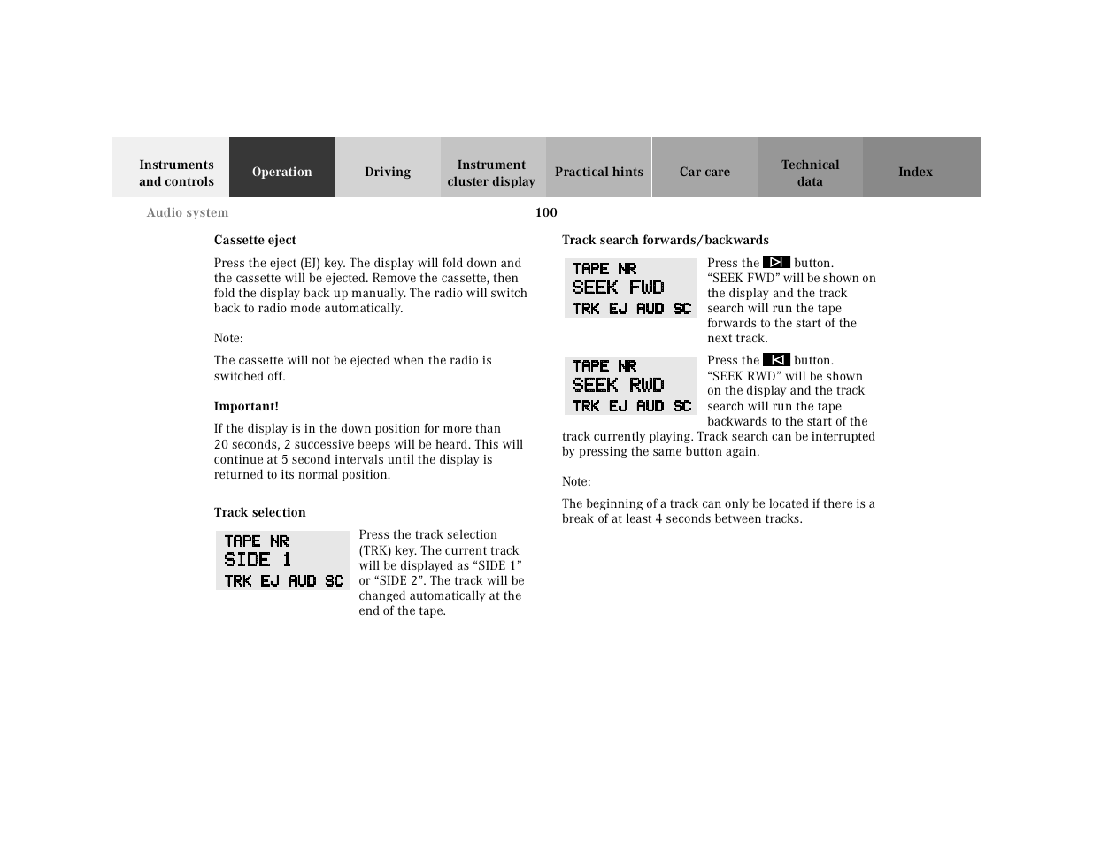 Cassette eject, Track selection, Track search forwards/backwards | Mercedes-Benz 2001 SLK-Class User Manual | Page 103 / 273