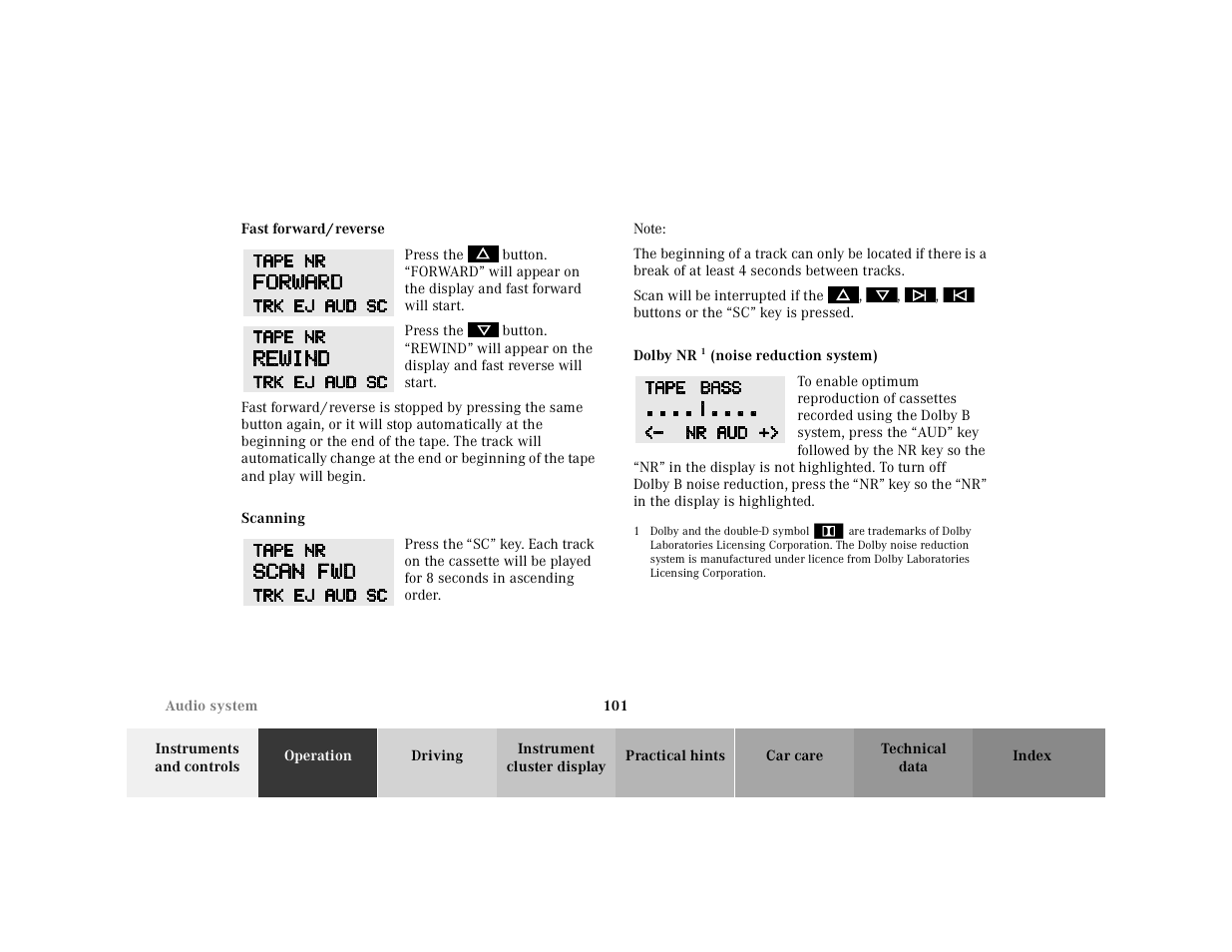 Fast forward/reverse, Scanning, Dolbynr | Mercedes-Benz 2001 SLK-Class User Manual | Page 104 / 273