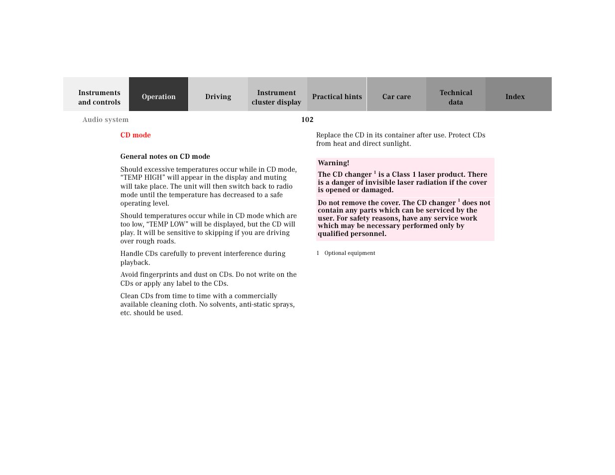Cd mode, General notes on cd mode | Mercedes-Benz 2001 SLK-Class User Manual | Page 105 / 273