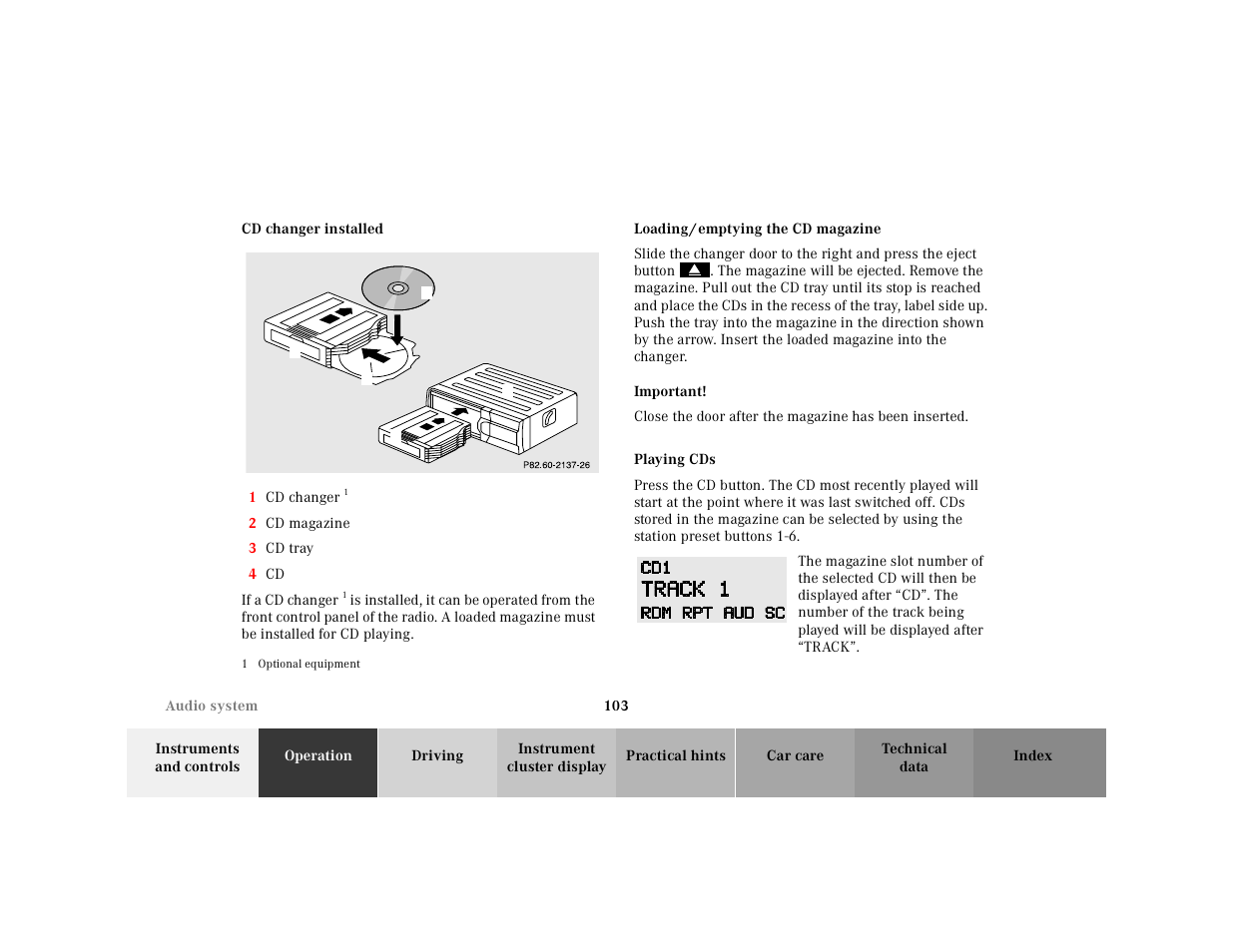 Cd changer installed, Loading/emptying the cd magazine, Playing cds | Mercedes-Benz 2001 SLK-Class User Manual | Page 106 / 273