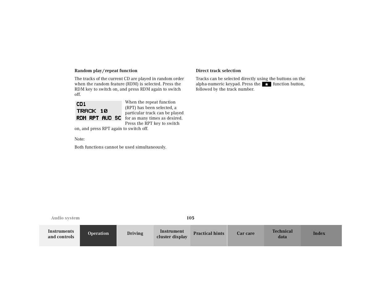Random play/repeat function, Direct track selection | Mercedes-Benz 2001 SLK-Class User Manual | Page 108 / 273
