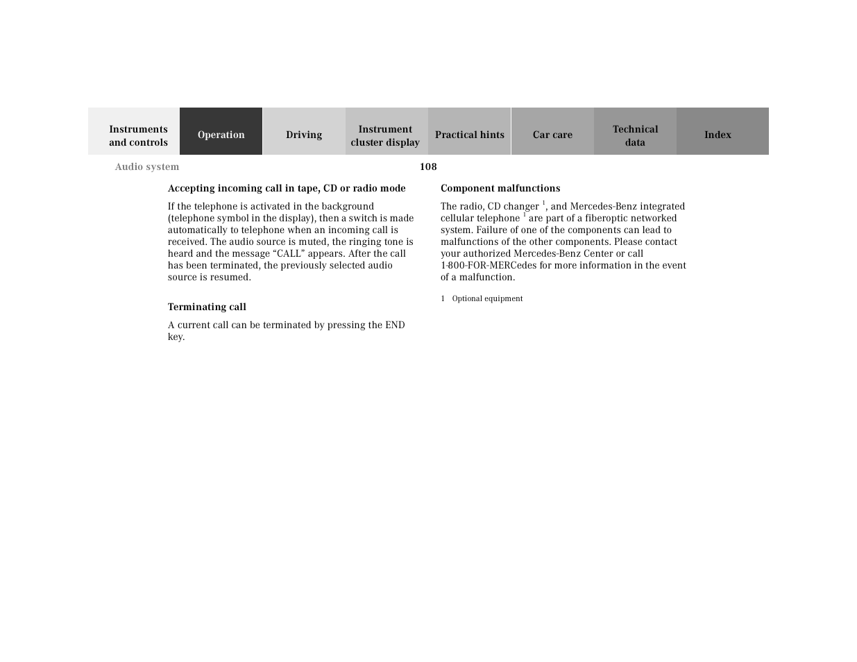 Accepting incoming call in tape, cd or radio mode, Terminating call, Component malfunctions | Mercedes-Benz 2001 SLK-Class User Manual | Page 111 / 273