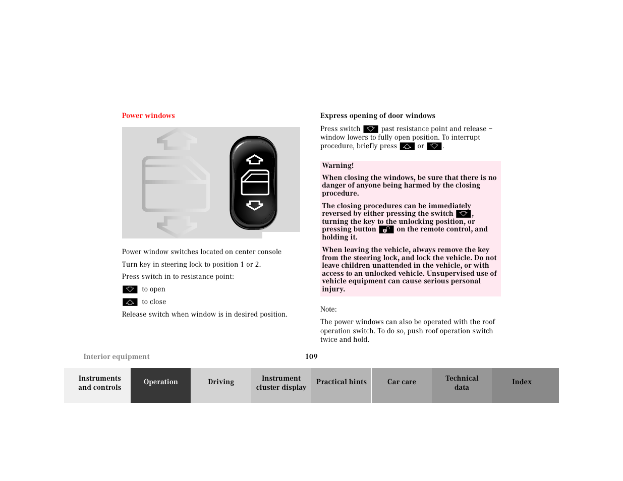 Power windows, Express opening of door windows | Mercedes-Benz 2001 SLK-Class User Manual | Page 112 / 273
