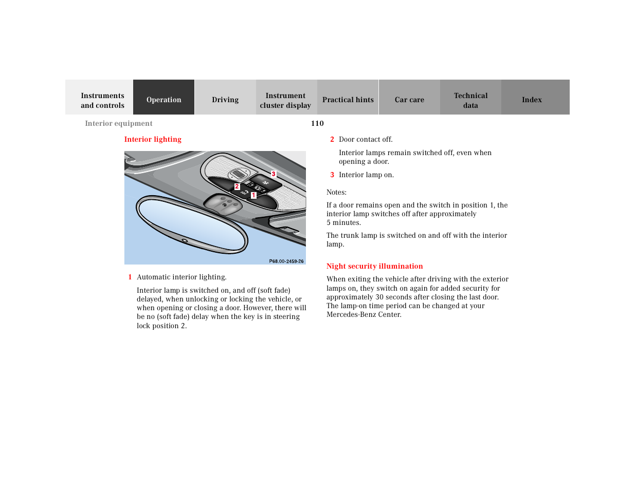 Interior lighting, Night security illumination, Interior lighting night security illumination | Mercedes-Benz 2001 SLK-Class User Manual | Page 113 / 273