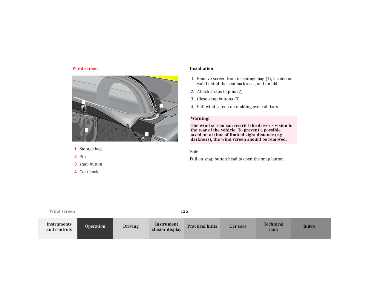 Wind screen, Installation | Mercedes-Benz 2001 SLK-Class User Manual | Page 128 / 273