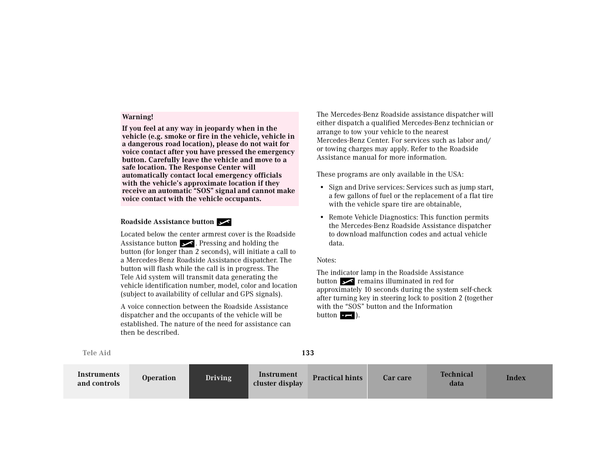 Tele aid:roadside assistance | Mercedes-Benz 2001 SLK-Class User Manual | Page 136 / 273