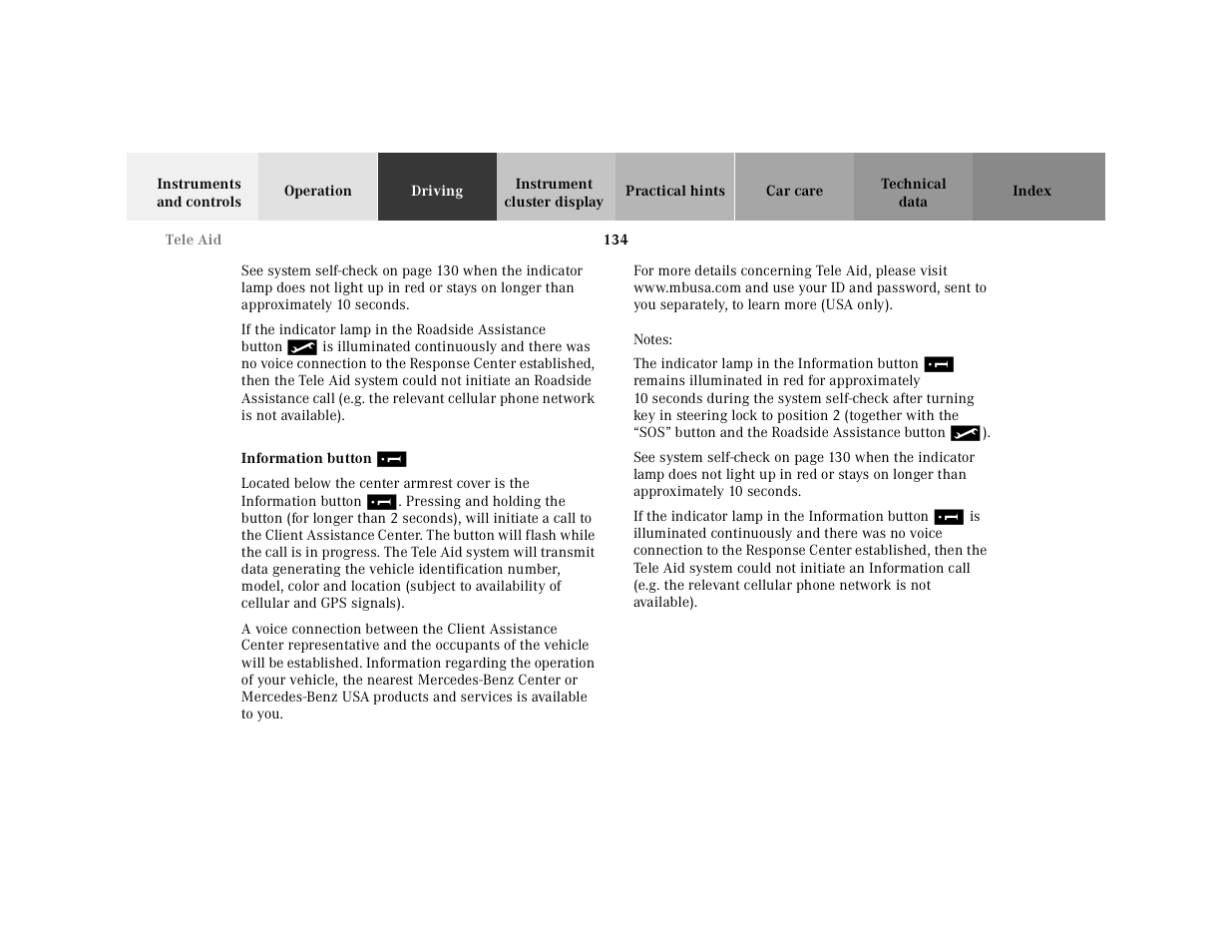 Tele aid:information | Mercedes-Benz 2001 SLK-Class User Manual | Page 137 / 273