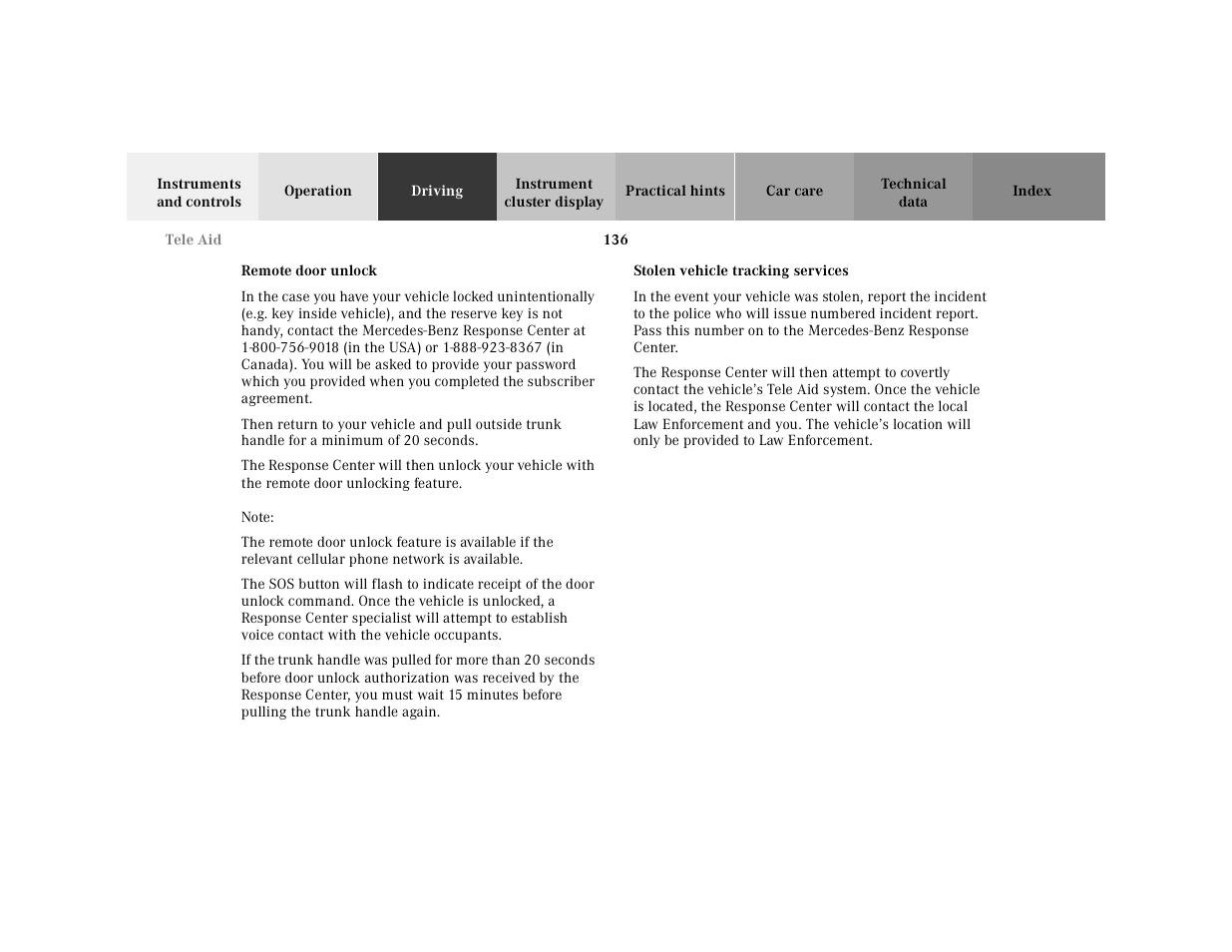 Remote door unlock, Stolen vehicle tracking services | Mercedes-Benz 2001 SLK-Class User Manual | Page 139 / 273