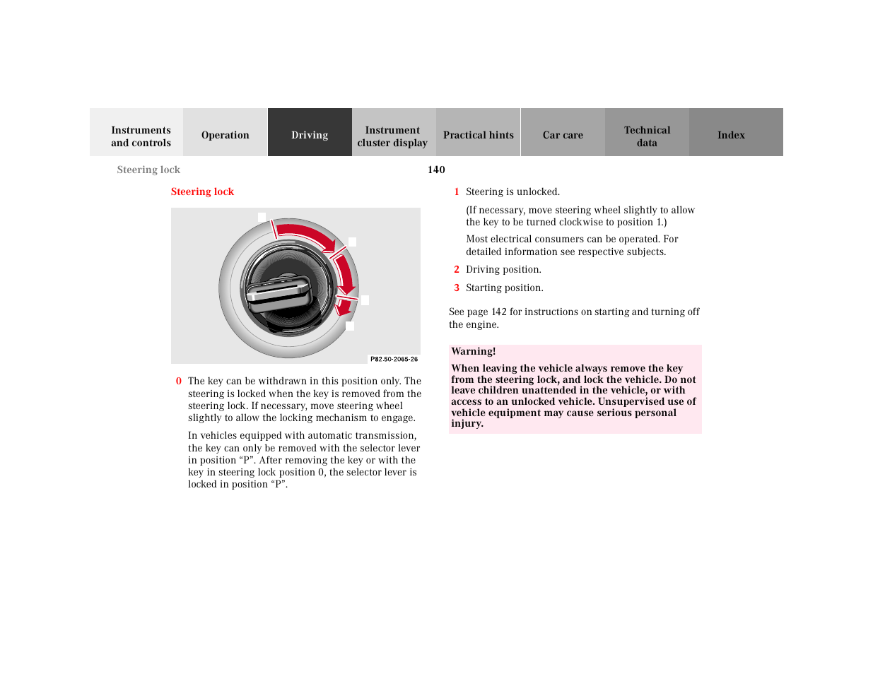 Steering lock | Mercedes-Benz 2001 SLK-Class User Manual | Page 143 / 273