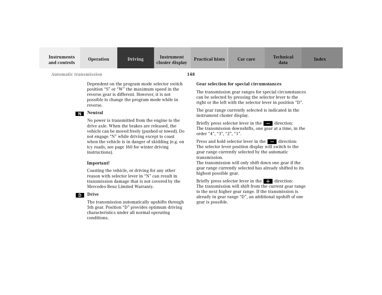 Gear selection for special circumstances | Mercedes-Benz 2001 SLK-Class User Manual | Page 151 / 273