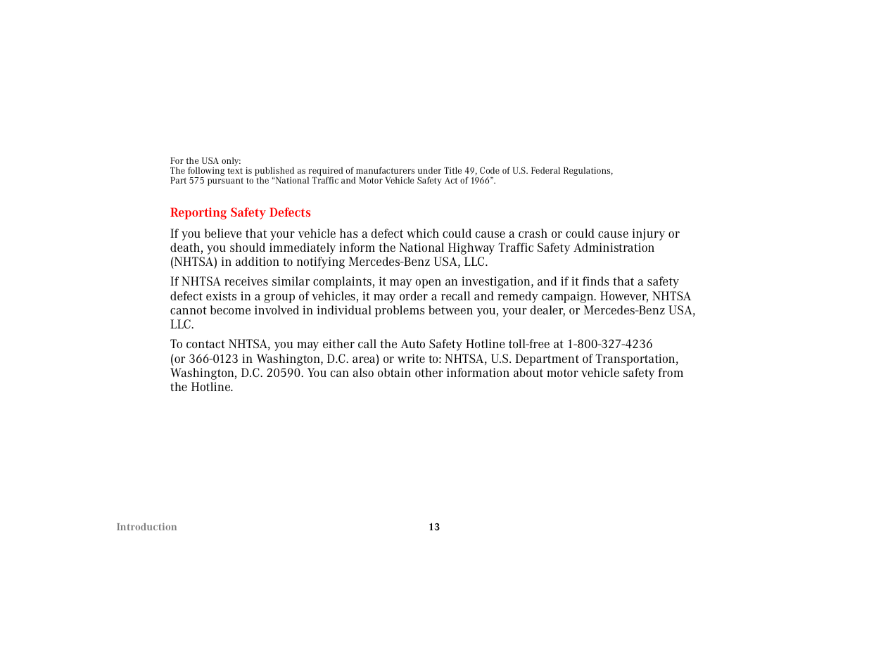 Reporting safety defects | Mercedes-Benz 2001 SLK-Class User Manual | Page 16 / 273
