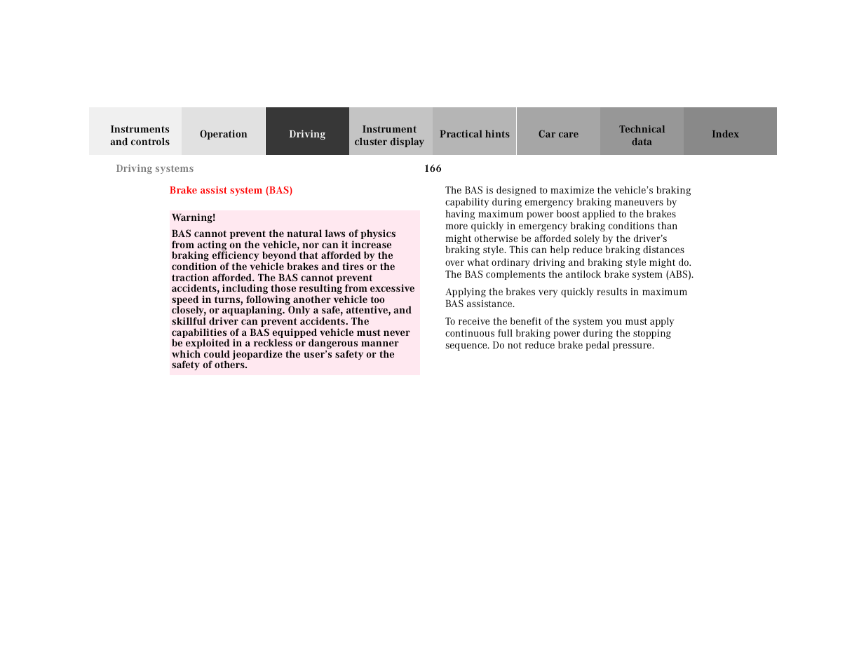 Brake assist system (bas), Brake assist system, Bas) | Mercedes-Benz 2001 SLK-Class User Manual | Page 169 / 273