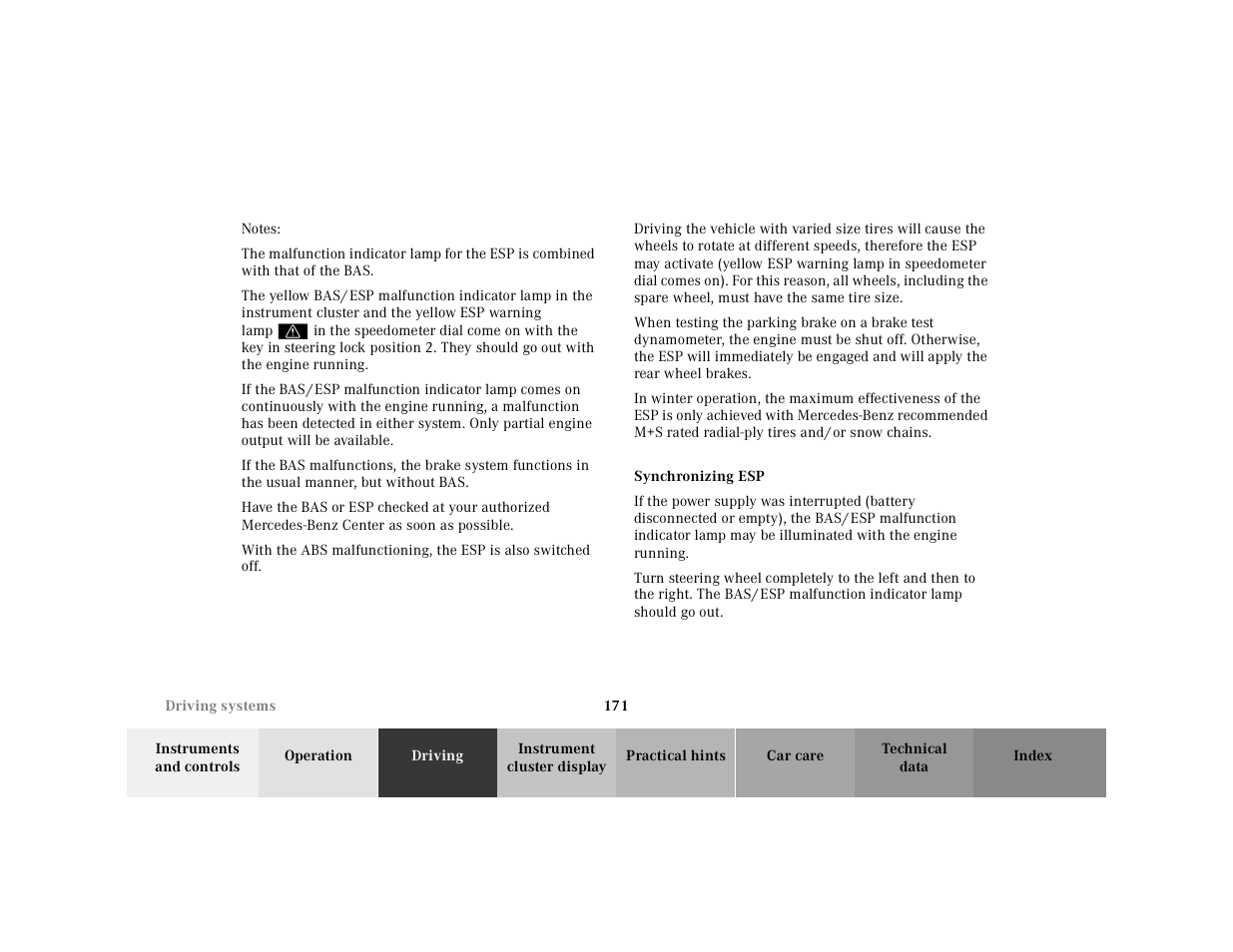 Esp (electronic stability program):synchronizing | Mercedes-Benz 2001 SLK-Class User Manual | Page 174 / 273
