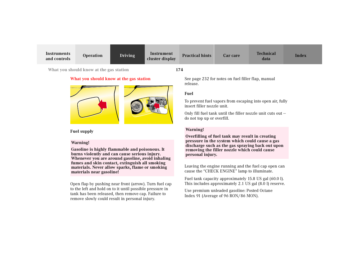 What you should know at the gas station, What you should know, At the gas station | Mercedes-Benz 2001 SLK-Class User Manual | Page 177 / 273