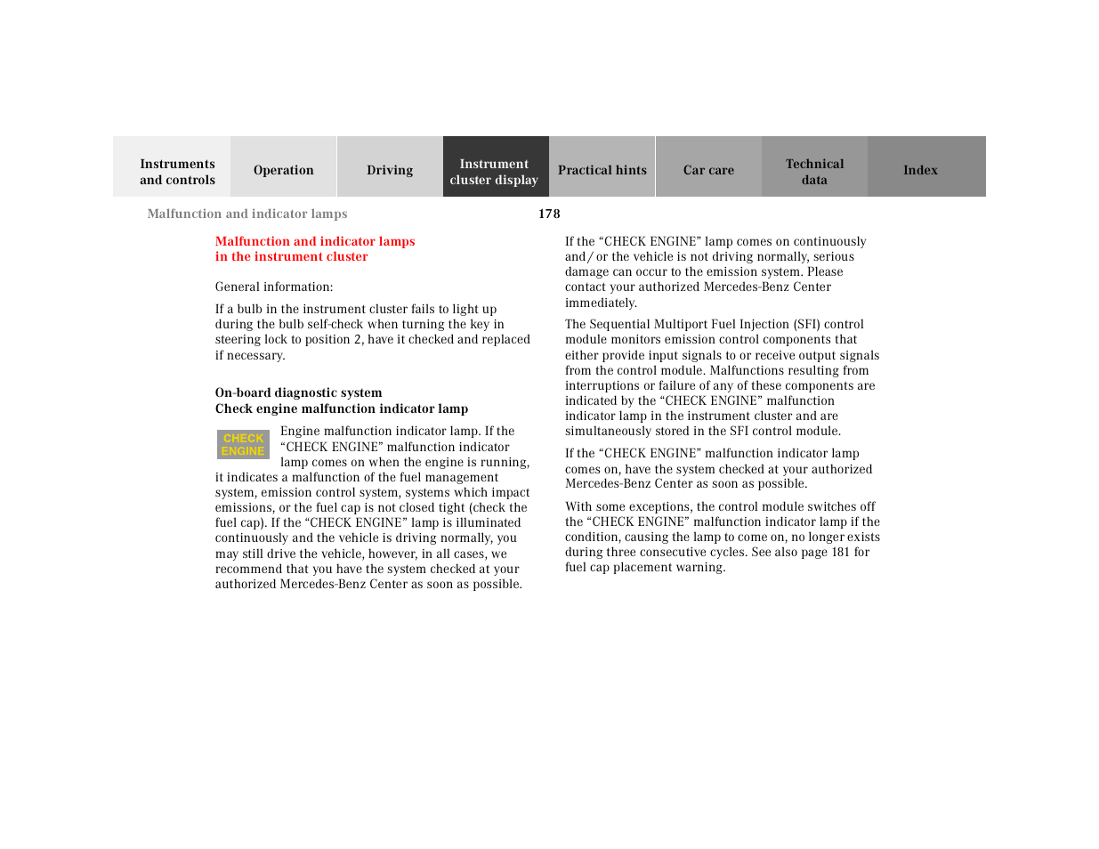 Instrument cluster display, On-board diagnostic system, Malfunction and indicator | Lamps in the instrument cluster | Mercedes-Benz 2001 SLK-Class User Manual | Page 181 / 273