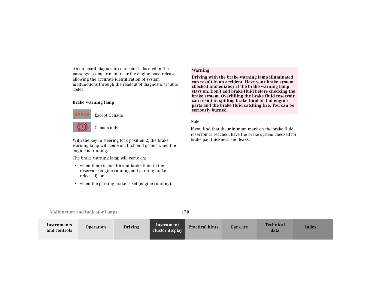 Brake warning lamp | Mercedes-Benz 2001 SLK-Class User Manual | Page 182 / 273