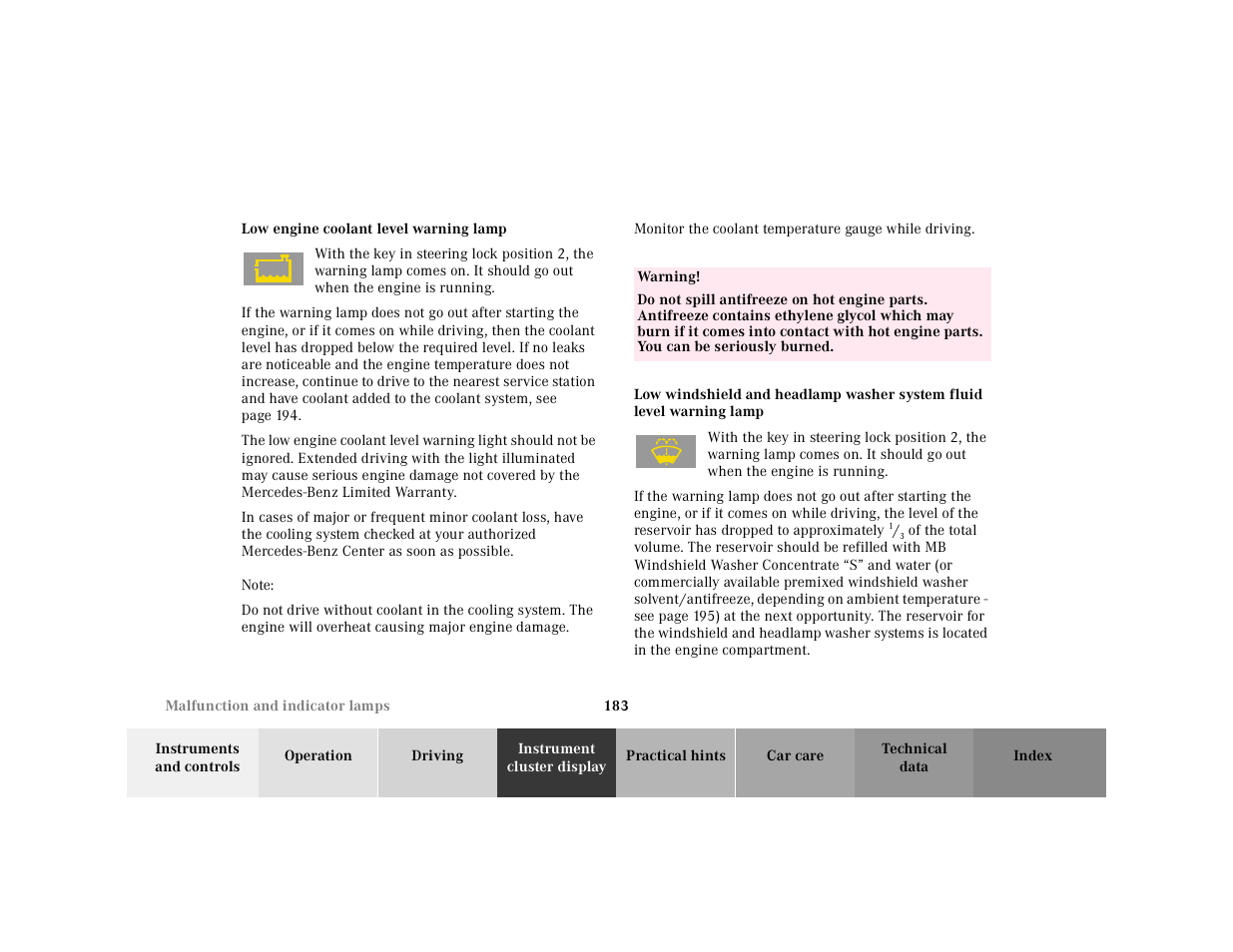 Low engine coolant level warning lamp | Mercedes-Benz 2001 SLK-Class User Manual | Page 186 / 273