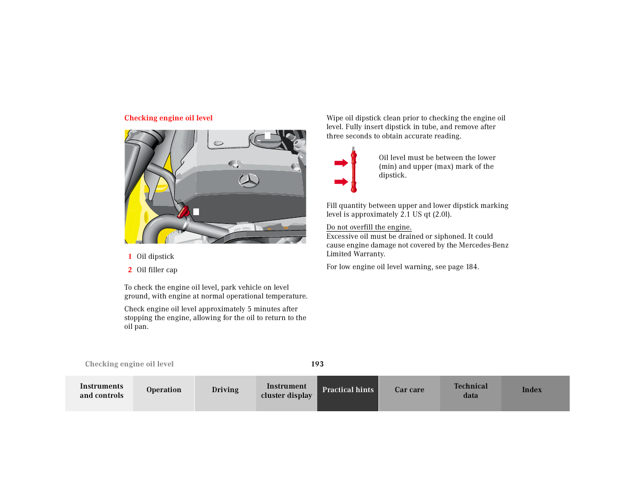 Checking engine oil level | Mercedes-Benz 2001 SLK-Class User Manual | Page 196 / 273