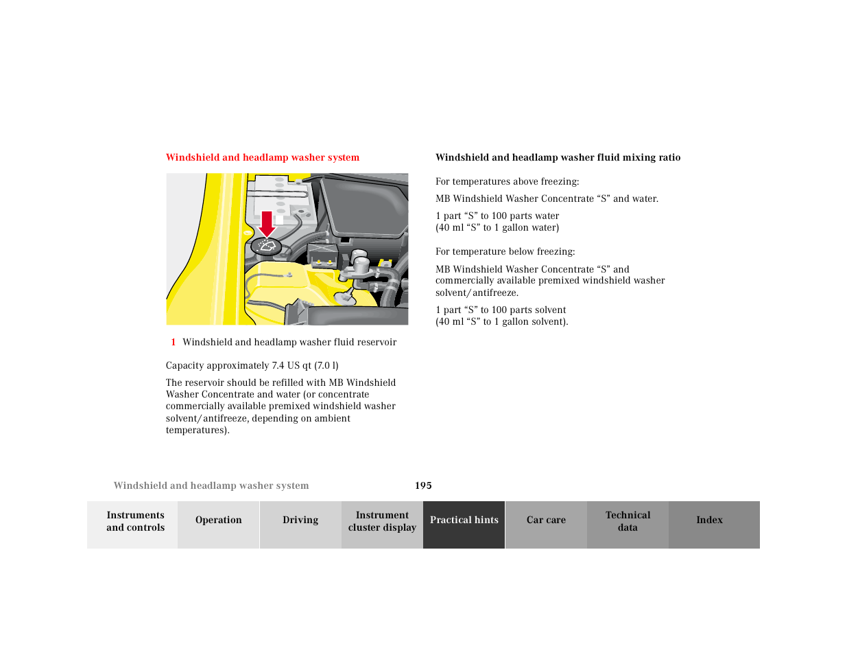 Windshield and headlamp washer system, Windshield and headlamp washer fluid mixing ratio, Windshield and | Headlamp washer system, Windshield and headlamp, Washer system | Mercedes-Benz 2001 SLK-Class User Manual | Page 198 / 273