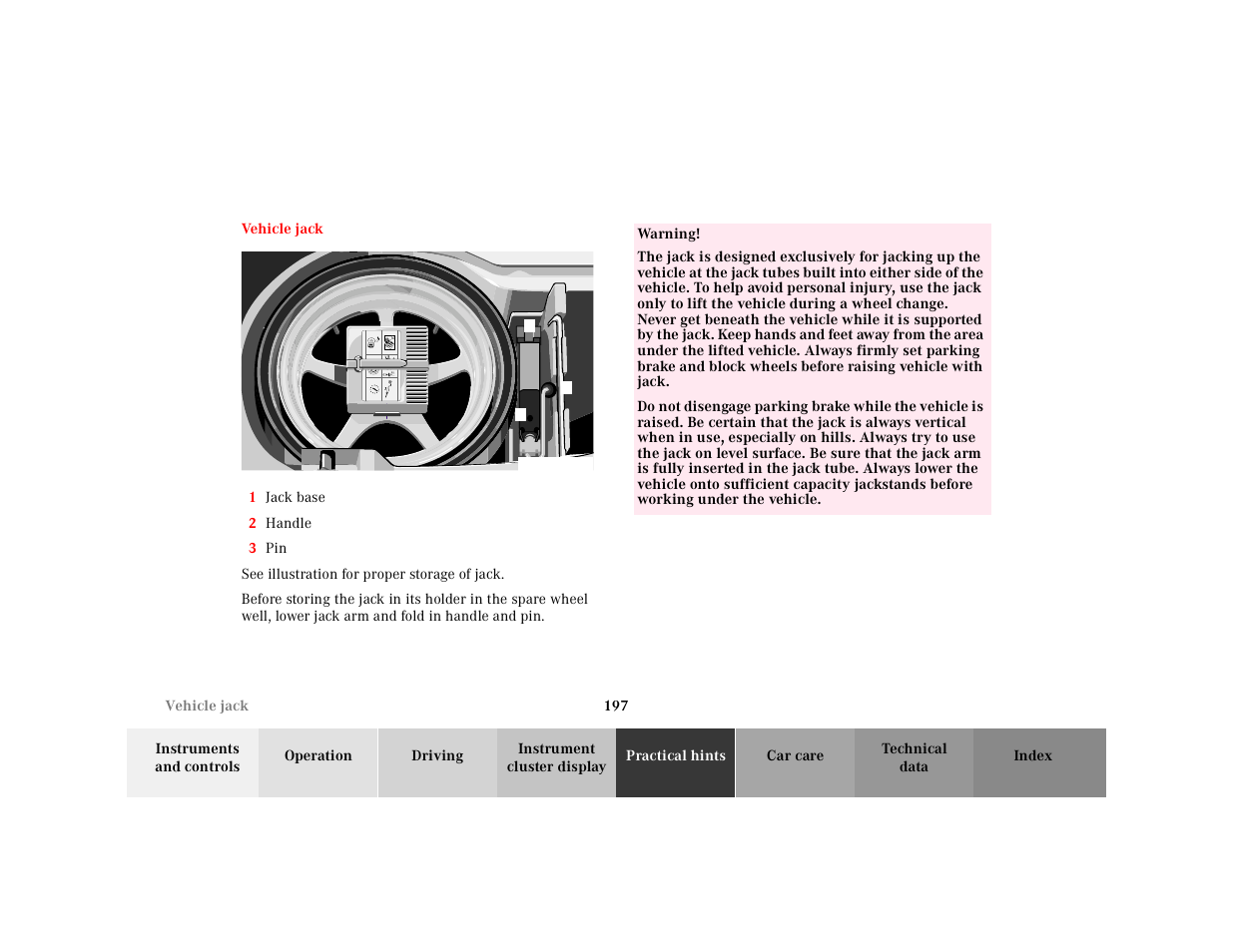 Vehicle jack | Mercedes-Benz 2001 SLK-Class User Manual | Page 200 / 273