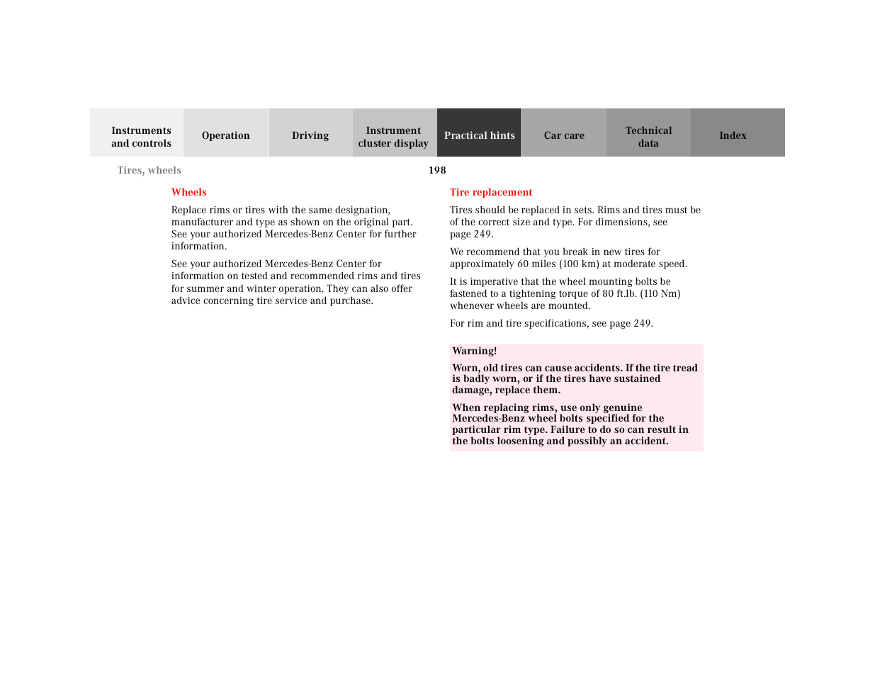 Wheels, Tire replacement | Mercedes-Benz 2001 SLK-Class User Manual | Page 201 / 273