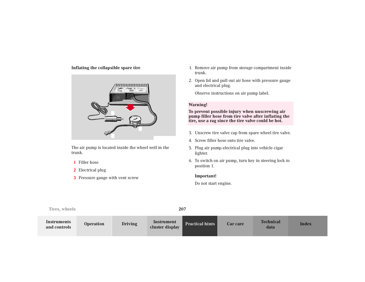 Inflating the collapsible spare tire | Mercedes-Benz 2001 SLK-Class User Manual | Page 210 / 273
