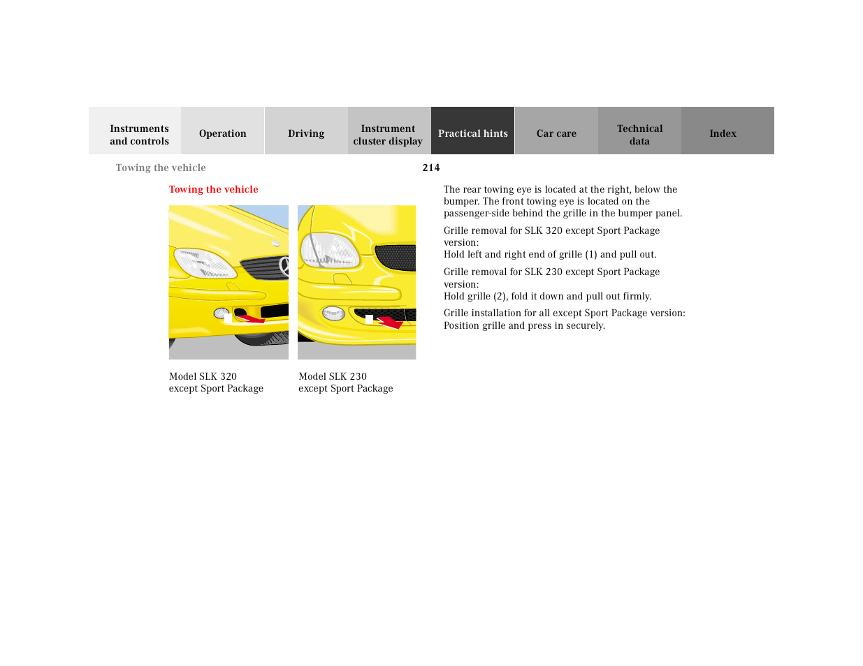 Towing the vehicle | Mercedes-Benz 2001 SLK-Class User Manual | Page 217 / 273