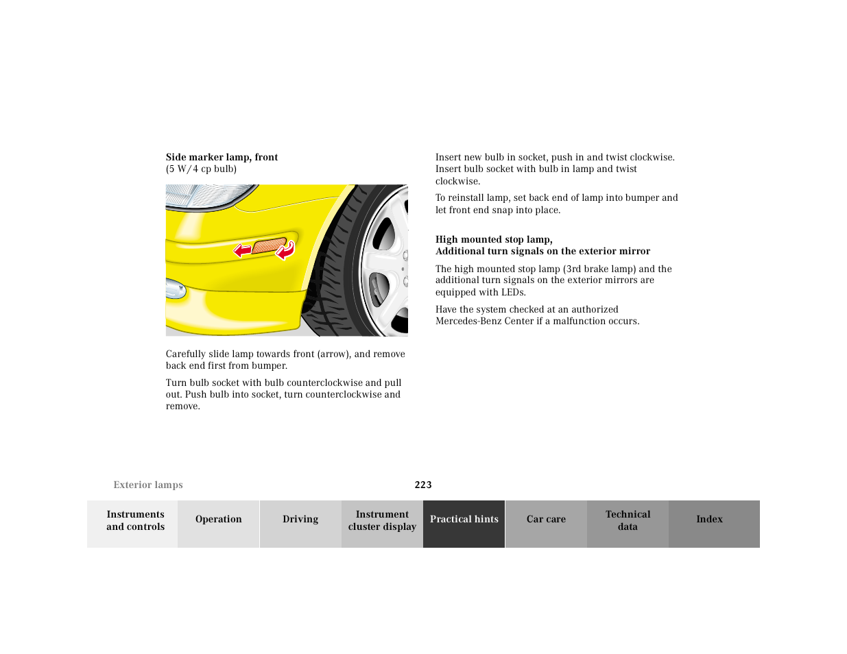 Exterior lamps:side marker lamp, front, High mounted stop lamp | Mercedes-Benz 2001 SLK-Class User Manual | Page 226 / 273