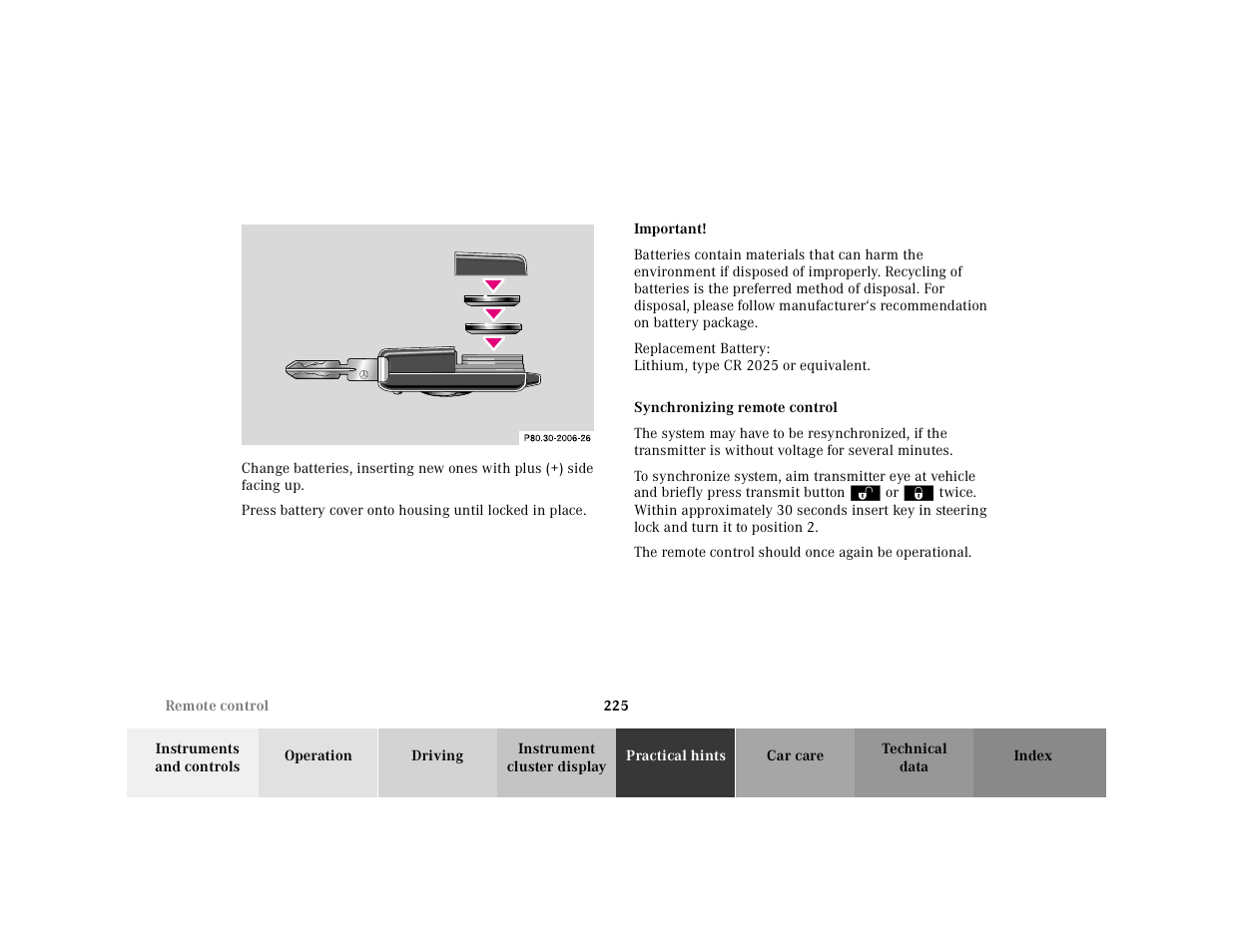Synchronizing remote control | Mercedes-Benz 2001 SLK-Class User Manual | Page 228 / 273