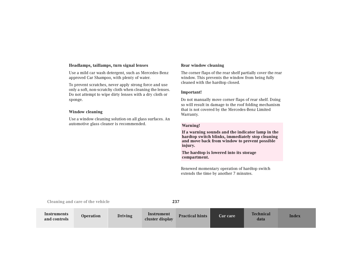 Headlamps, taillamps, turn signal lenses, Window cleaning, Rear window cleaning | Mercedes-Benz 2001 SLK-Class User Manual | Page 240 / 273