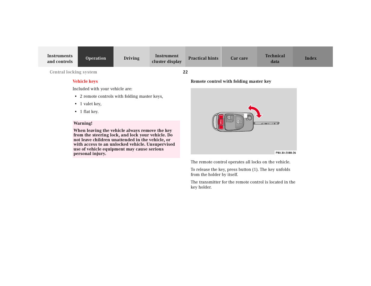 Operation, Remote control with folding master key, Vehicle keys remote control with | Folding master key, Vehicle keys remote control, With folding master key | Mercedes-Benz 2001 SLK-Class User Manual | Page 25 / 273