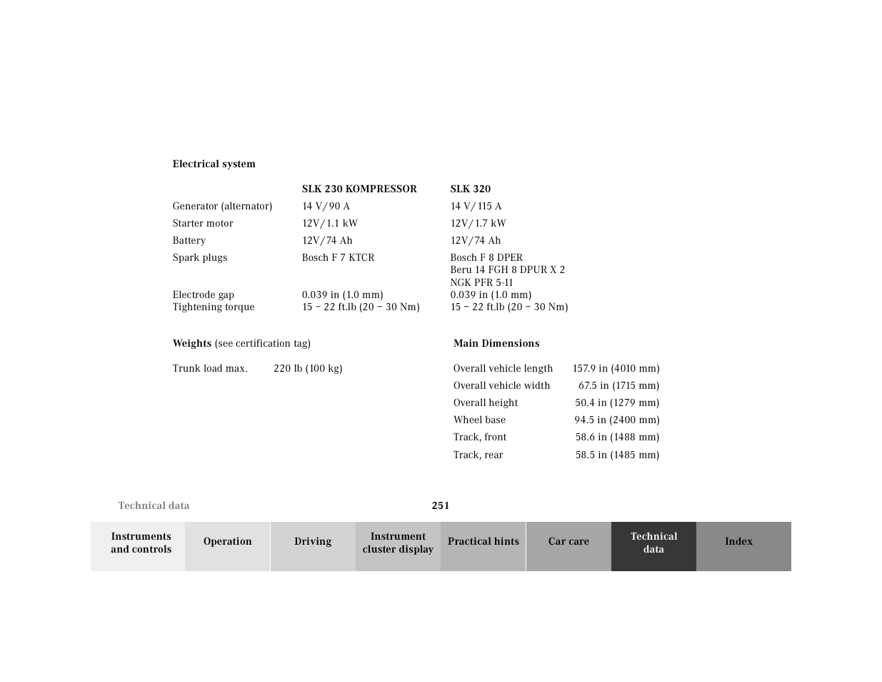 Electrical system, Weights, Main dimensions | Mercedes-Benz 2001 SLK-Class User Manual | Page 254 / 273