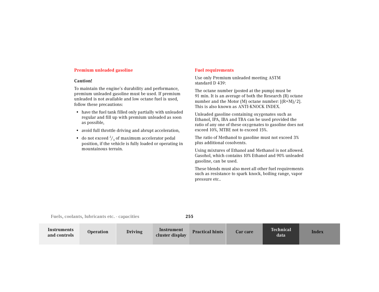 Premium unleaded gasoline, Fuel requirements, Premium unleaded gasoline fuel requirements | Mercedes-Benz 2001 SLK-Class User Manual | Page 258 / 273