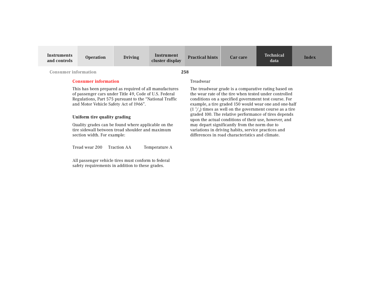 Consumer information, Uniform tire quality grading | Mercedes-Benz 2001 SLK-Class User Manual | Page 261 / 273
