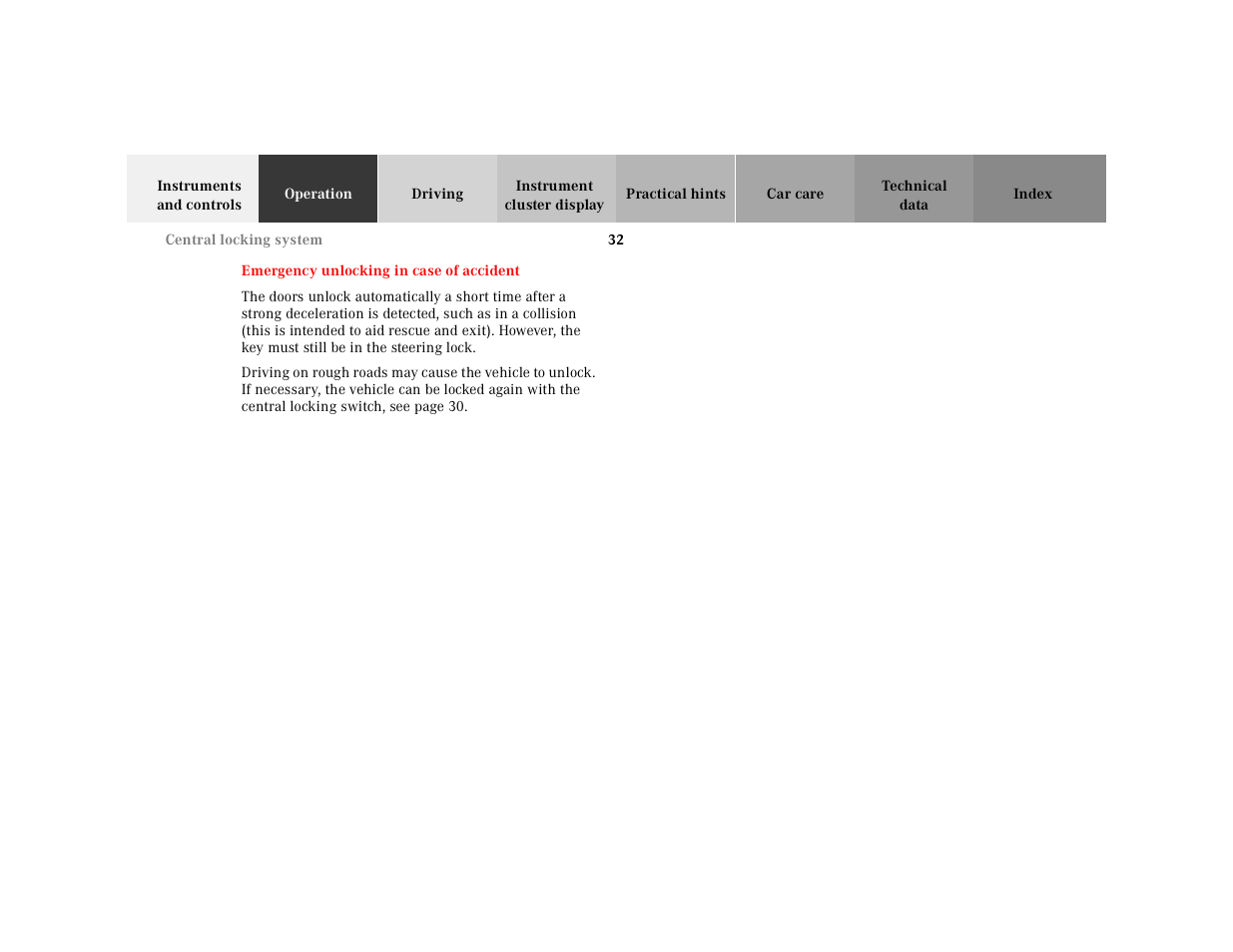 Emergency unlocking in case of accident, Emergency unlocking in, Case of accident | Emergency unlocking in case of, Accident | Mercedes-Benz 2001 SLK-Class User Manual | Page 35 / 273