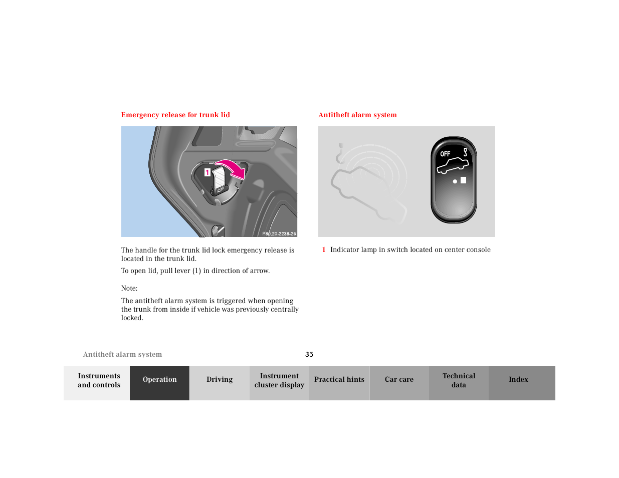 Emergency release for trunk lid, Antitheft alarm system, Emergency release | For trunk lid | Mercedes-Benz 2001 SLK-Class User Manual | Page 38 / 273