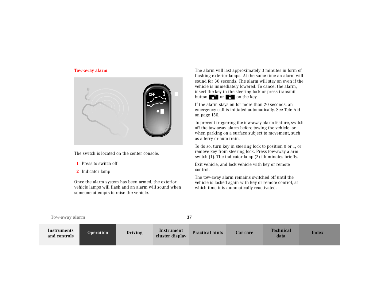 Tow-away alarm | Mercedes-Benz 2001 SLK-Class User Manual | Page 40 / 273
