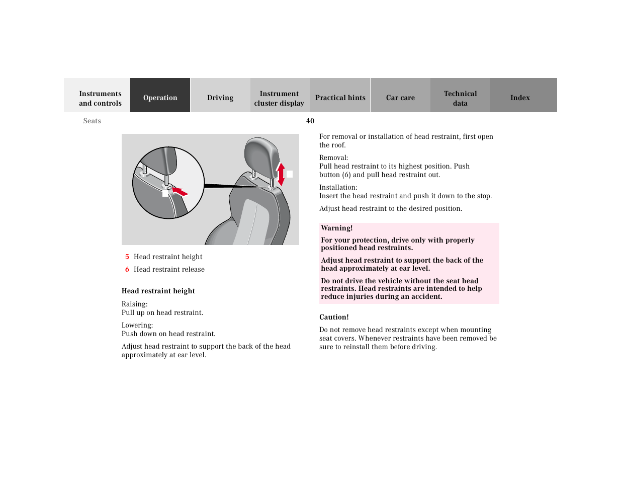 Head restraints:removal | Mercedes-Benz 2001 SLK-Class User Manual | Page 43 / 273
