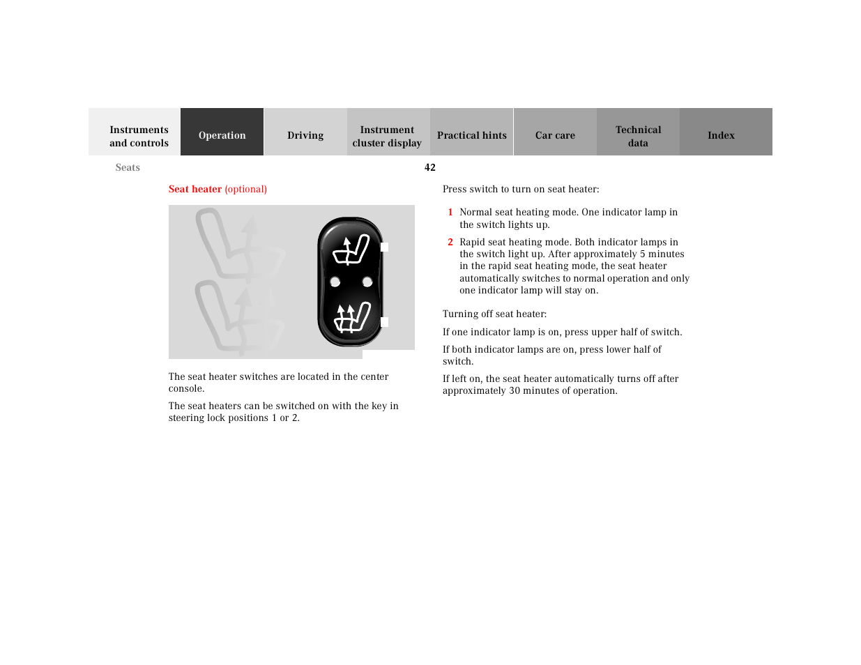 Seat heater | Mercedes-Benz 2001 SLK-Class User Manual | Page 45 / 273