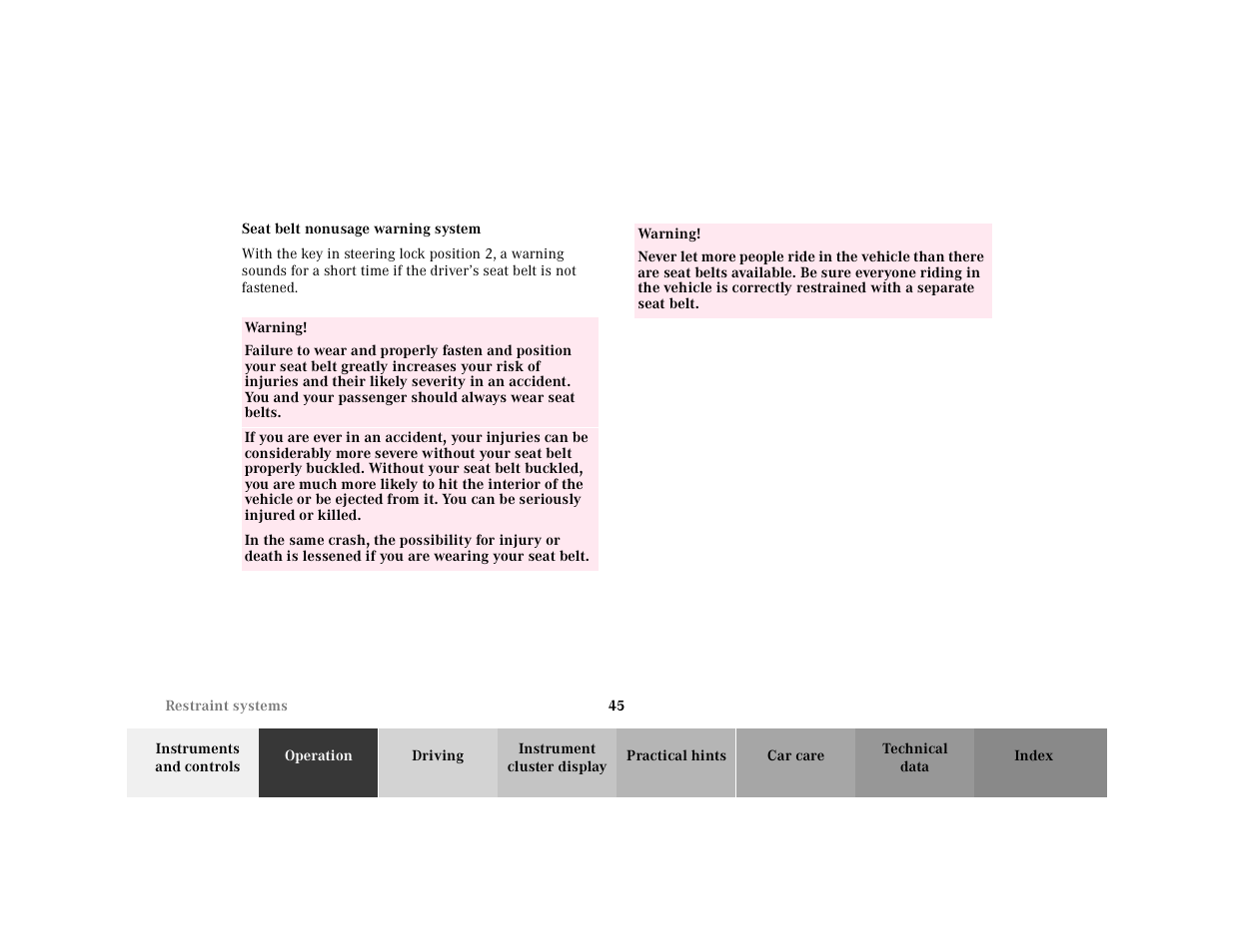 Seat belt nonusage warning system | Mercedes-Benz 2001 SLK-Class User Manual | Page 48 / 273