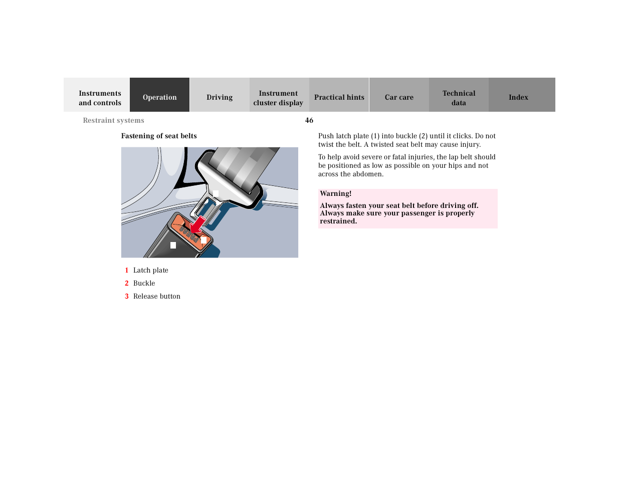 Fastening of seat belts | Mercedes-Benz 2001 SLK-Class User Manual | Page 49 / 273