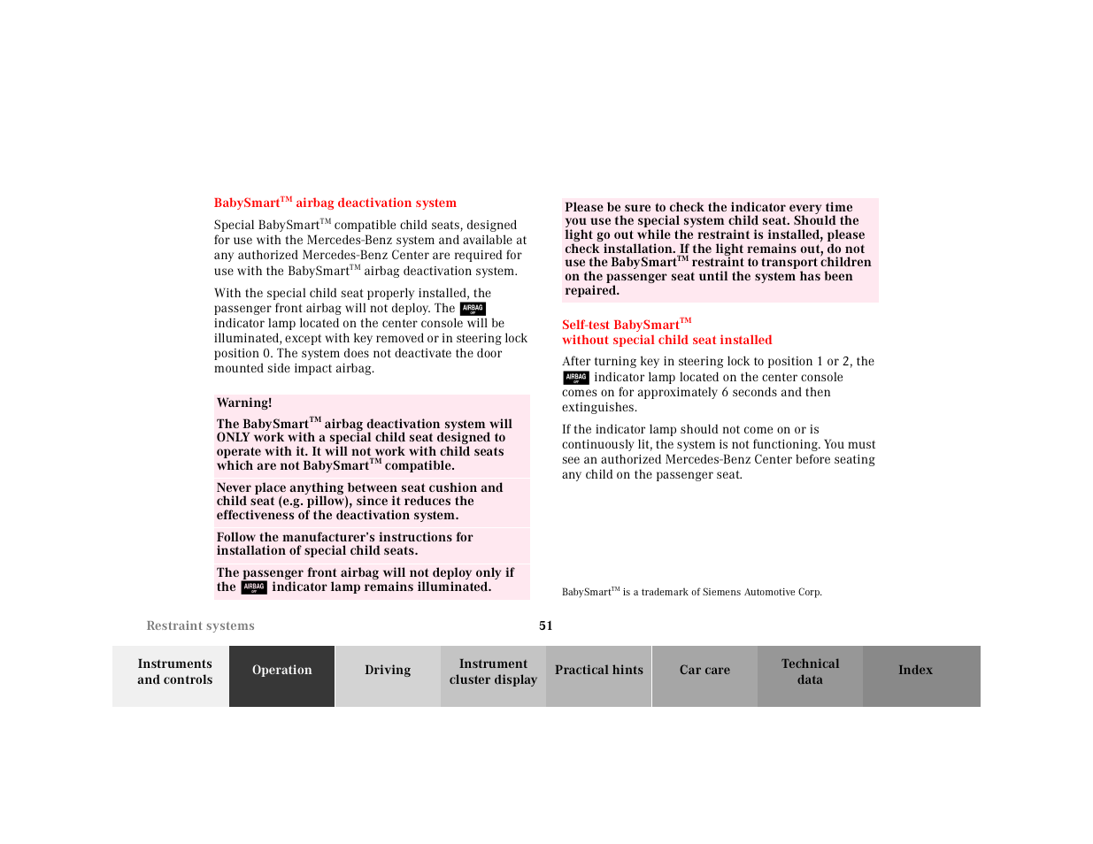 Babysmart, Self-test babysmart | Mercedes-Benz 2001 SLK-Class User Manual | Page 54 / 273