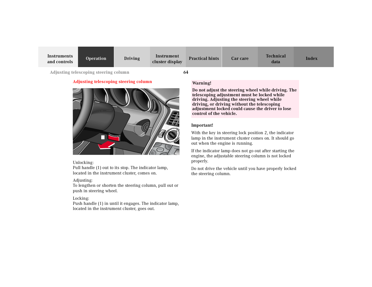 Adjusting telescoping steering column, Adjusting telescoping, Steering column | Adjusting telescoping steering, Column | Mercedes-Benz 2001 SLK-Class User Manual | Page 67 / 273