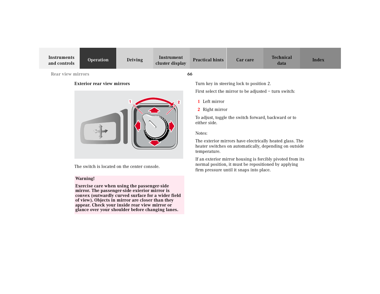 Exterior rear view mirrors | Mercedes-Benz 2001 SLK-Class User Manual | Page 69 / 273